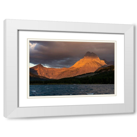 USA-Montana-Glacier National Park Stormy sunrise on Mt Wilbur and lake White Modern Wood Framed Art Print with Double Matting by Jaynes Gallery