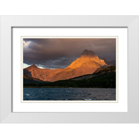 USA-Montana-Glacier National Park Stormy sunrise on Mt Wilbur and lake White Modern Wood Framed Art Print with Double Matting by Jaynes Gallery