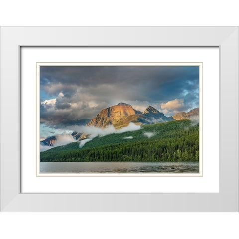 Stormy late afternoon light on Rainbow Peak at Bowman Lake in Glacier National Park-Montana-USA White Modern Wood Framed Art Print with Double Matting by Haney, Chuck