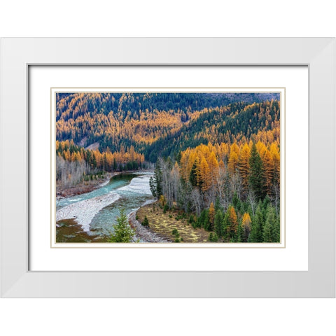 Middle Fork of the Flathead River in autumn in Glacier National Park-Montana-USA White Modern Wood Framed Art Print with Double Matting by Haney, Chuck