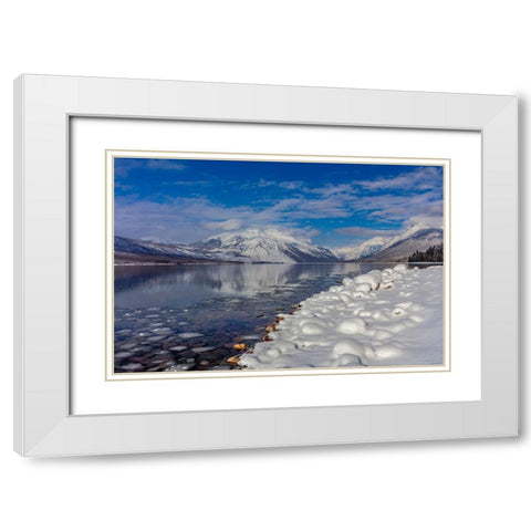 Mountains reflect in wintry Lake McDonald in Glacier National Park-Montana-USA White Modern Wood Framed Art Print with Double Matting by Haney, Chuck
