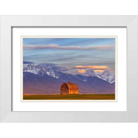 Rustic old barn in evening light with Mission Mountains in Pablo-Montana-USA White Modern Wood Framed Art Print with Double Matting by Haney, Chuck