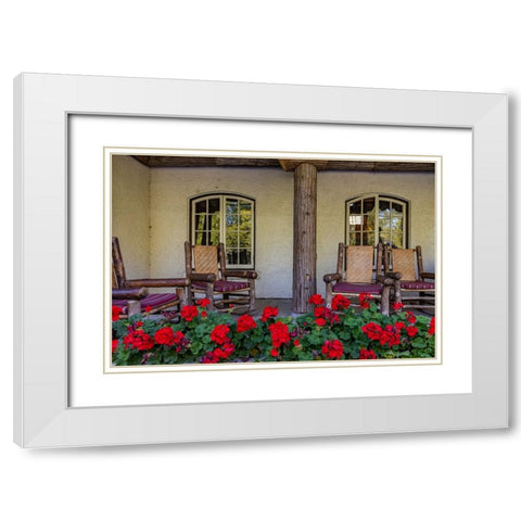 Lounge chairs at Lake McDonald Lodge in Glacier National Park-Montana-USA White Modern Wood Framed Art Print with Double Matting by Haney, Chuck