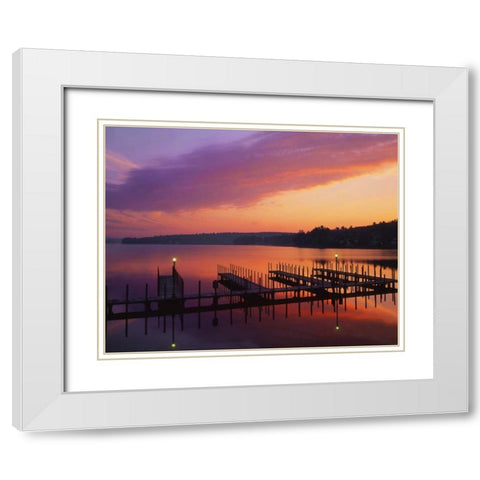 NH, Sunrise over Lake Winnipesaukee dock White Modern Wood Framed Art Print with Double Matting by Terrill, Steve