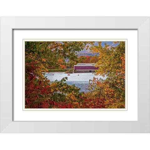 USA-New Hampshire-Gorham-Fall colored trees framing Androscoggin River near damn site White Modern Wood Framed Art Print with Double Matting by Gulin, Sylvia