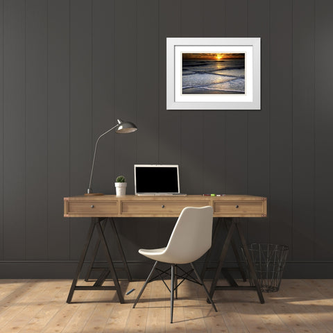New Jersey, Cape May Sunset reflection on beach White Modern Wood Framed Art Print with Double Matting by OBrien, Jay