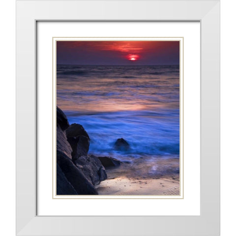 New Jersey, Cape May Sunset reflection on ocean White Modern Wood Framed Art Print with Double Matting by OBrien, Jay