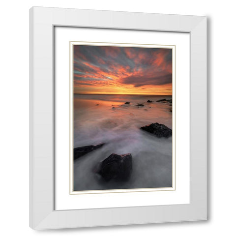 USA-New Jersey-Cape May National Seashore-Sunrise on rocky shore and ocean White Modern Wood Framed Art Print with Double Matting by Jaynes Gallery