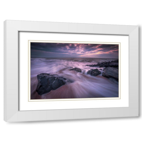 USA-New Jersey-Cape May National Seashore-Sunrise on rocky shore and ocean White Modern Wood Framed Art Print with Double Matting by Jaynes Gallery