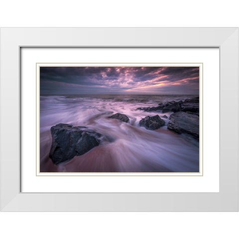 USA-New Jersey-Cape May National Seashore-Sunrise on rocky shore and ocean White Modern Wood Framed Art Print with Double Matting by Jaynes Gallery