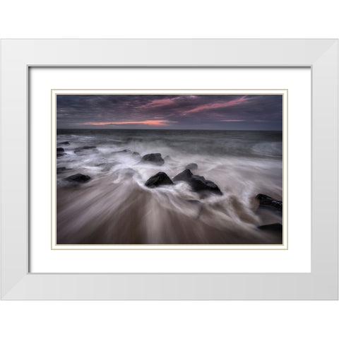 USA-New Jersey-Cape May National Seashore-Sunrise on rocky shore and ocean White Modern Wood Framed Art Print with Double Matting by Jaynes Gallery