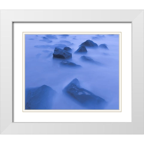 USA-New Jersey-Cape May National Seashore Sunrise mist on rocky shore White Modern Wood Framed Art Print with Double Matting by Jaynes Gallery