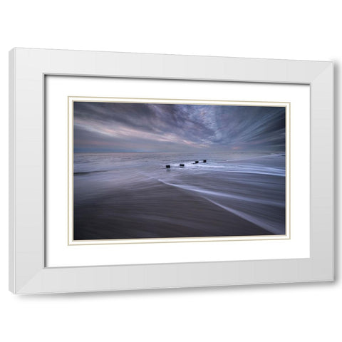 USA-New Jersey-Cape May National Seashore Pier stumps on shore at sunrise White Modern Wood Framed Art Print with Double Matting by Jaynes Gallery