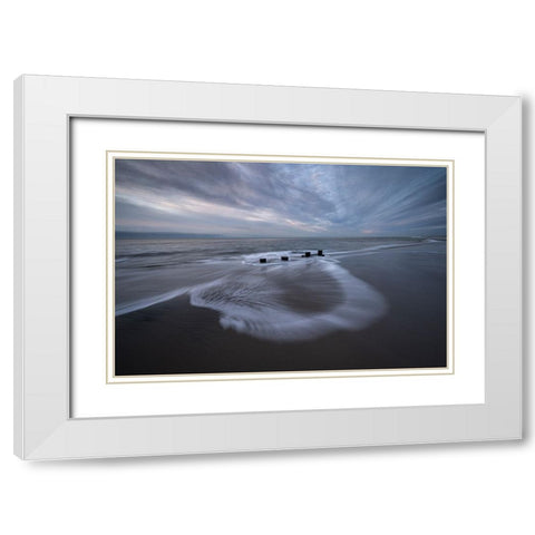 USA-New Jersey-Cape May National Seashore Pier stumps on cloudy seashore sunrise White Modern Wood Framed Art Print with Double Matting by Jaynes Gallery