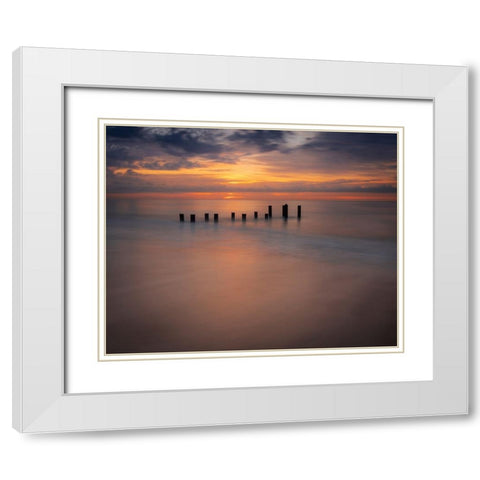 USA-New Jersey-Cape May National Seashore Sunrise on pier posts on ocean shore White Modern Wood Framed Art Print with Double Matting by Jaynes Gallery
