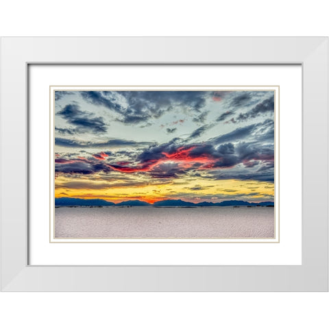 USA- New Mexico- White Sands National Park. Sunset over desert and San Andres Mountains. White Modern Wood Framed Art Print with Double Matting by Jaynes Gallery