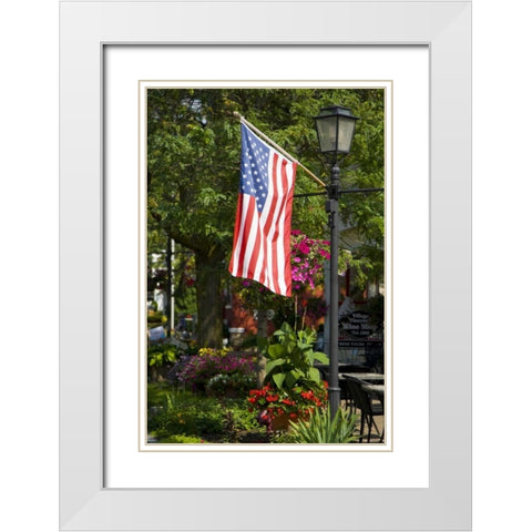 NY, Lewiston American flag attached to lamp post White Modern Wood Framed Art Print with Double Matting by Lord, Fred