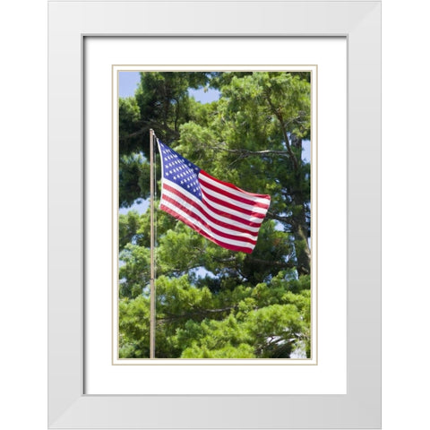 NY, St Lawrence River American flag on flagpole White Modern Wood Framed Art Print with Double Matting by Lord, Fred