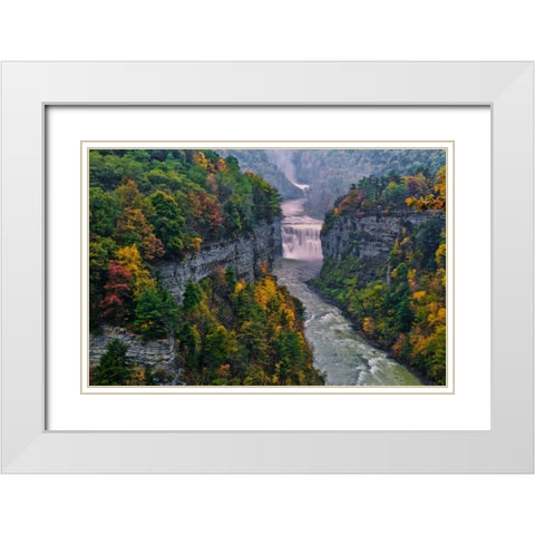 NY, Letchworth SP River and waterfall in canyon White Modern Wood Framed Art Print with Double Matting by OBrien, Jay