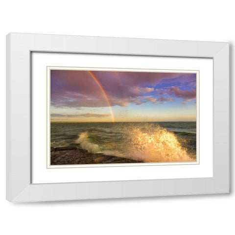 NY, Lake Ontario, Clarks Point Double rainbow White Modern Wood Framed Art Print with Double Matting by Lord, Fred