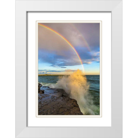 NY, Lake Ontario, Clarks Point Double rainbow White Modern Wood Framed Art Print with Double Matting by Lord, Fred