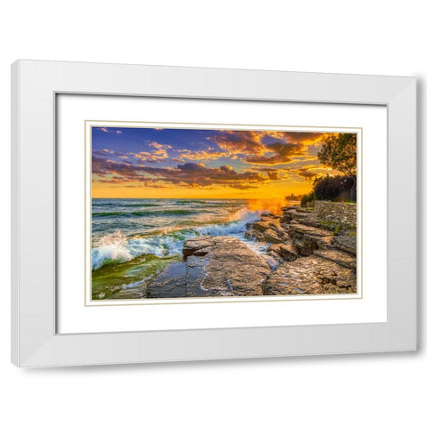USA-New York-Lake Ontario Sunset waves on rocky shoreline White Modern Wood Framed Art Print with Double Matting by Jaynes Gallery