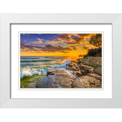 USA-New York-Lake Ontario Sunset waves on rocky shoreline White Modern Wood Framed Art Print with Double Matting by Jaynes Gallery