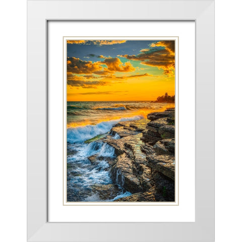 USA-New York-Lake Ontario Sunset waves on rocky shoreline White Modern Wood Framed Art Print with Double Matting by Jaynes Gallery