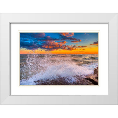 USA-New York-Lake Ontario Sunset waves on rocky shoreline White Modern Wood Framed Art Print with Double Matting by Jaynes Gallery