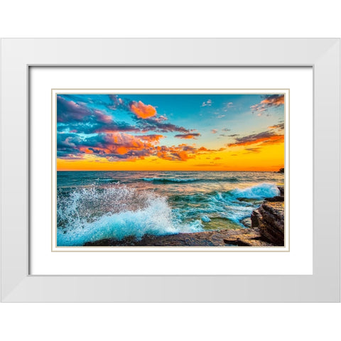 USA-New York-Lake Ontario Sunset waves on rocky shoreline White Modern Wood Framed Art Print with Double Matting by Jaynes Gallery