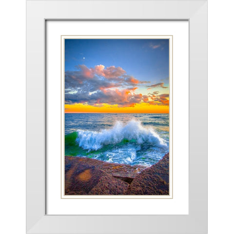 USA-New York-Lake Ontario Sunset waves on rocky shoreline White Modern Wood Framed Art Print with Double Matting by Jaynes Gallery
