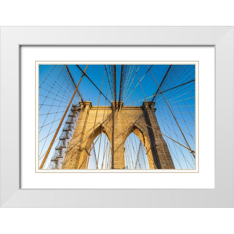 Manhattan-New York-USA Cables and tower on the Brooklyn Bridge White Modern Wood Framed Art Print with Double Matting by Wilson, Emily M.