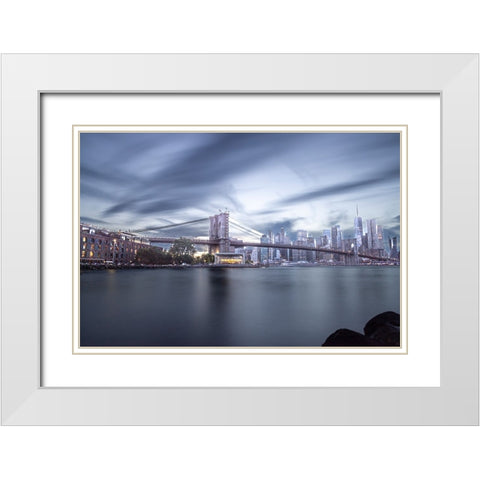 USA-New York The Brooklyn Bridge and New York City skyline White Modern Wood Framed Art Print with Double Matting by Looney, Hollice