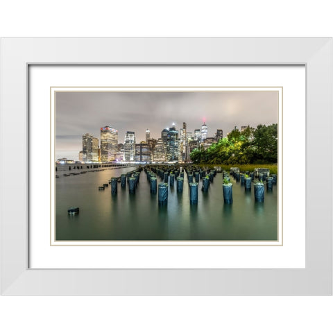 USA-New York Downtown view from Pier 1-wooden pilings in front of river in Brooklyn Heights White Modern Wood Framed Art Print with Double Matting by Looney, Hollice