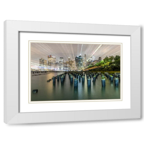 USA-New York Downtown view from Pier 1-wooden pilings in front of river in Brooklyn Heights White Modern Wood Framed Art Print with Double Matting by Looney, Hollice