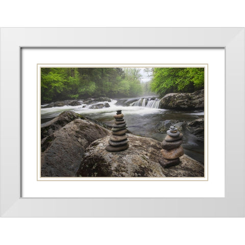 Cascading mountain stream and rock cairns-Great Smoky Mountains National Park White Modern Wood Framed Art Print with Double Matting by Jones, Adam