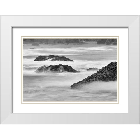 Waves crashing on rocks-Bandon Beach-Oregon White Modern Wood Framed Art Print with Double Matting by Jones, Adam