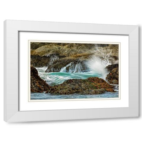 Surf crashing on rocks-Bandon Beach-Oregon White Modern Wood Framed Art Print with Double Matting by Jones, Adam