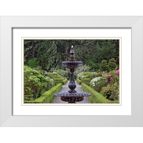 Fountain and in rhododendron garden-Shore Acres State Park-Coos Bay-Oregon White Modern Wood Framed Art Print with Double Matting by Jones, Adam
