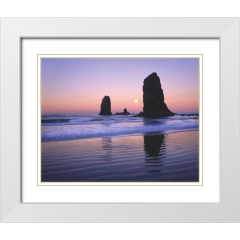 OR, Cannon Beach, Moonset between The Needles White Modern Wood Framed Art Print with Double Matting by Terrill, Steve