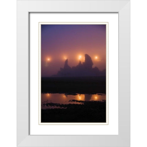 OR, Brandon City lights silhouette sea stacks White Modern Wood Framed Art Print with Double Matting by Rotenberg, Nancy
