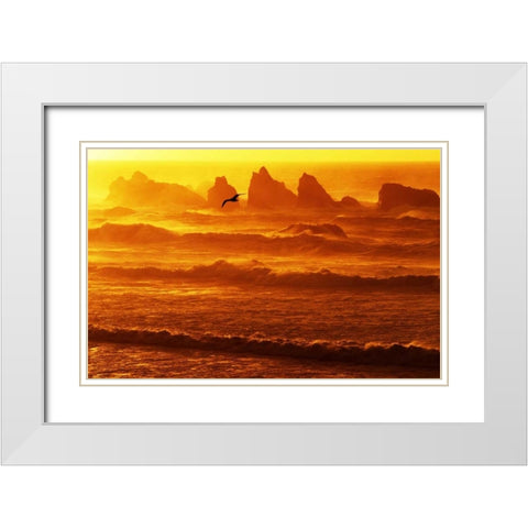Oregon, Bandon Sunset over waves and sea stacks White Modern Wood Framed Art Print with Double Matting by Welling, Dave