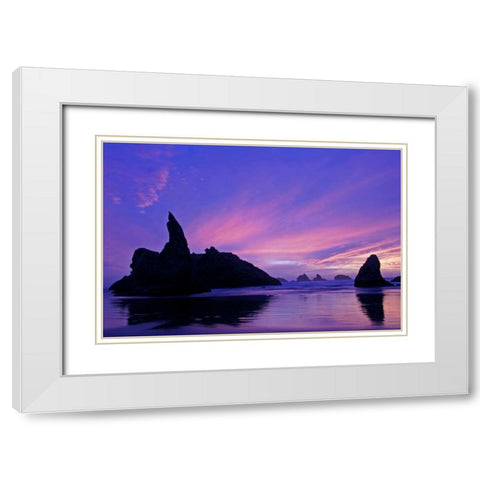 OR, Bandon Beach Silhouette of sea stacks White Modern Wood Framed Art Print with Double Matting by Illg, Cathy and Gordon