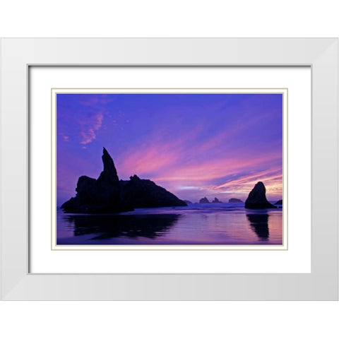 OR, Bandon Beach Silhouette of sea stacks White Modern Wood Framed Art Print with Double Matting by Illg, Cathy and Gordon
