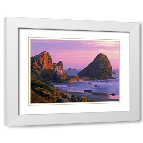 OR, Harris State Beach Sea stacks at sunset White Modern Wood Framed Art Print with Double Matting by Welling, Dave