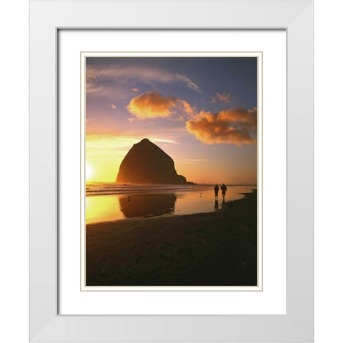 OR, Cannon Beach Couple by Haystack Rock, sunset White Modern Wood Framed Art Print with Double Matting by Terrill, Steve