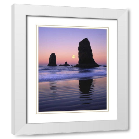 OR, Cannon Beach The Needles rock monoliths White Modern Wood Framed Art Print with Double Matting by Terrill, Steve
