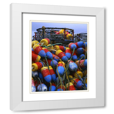 Oregon, Newport Crab rings and floats on dock White Modern Wood Framed Art Print with Double Matting by Terrill, Steve