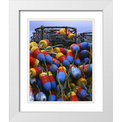 Oregon, Newport Crab rings and floats on dock White Modern Wood Framed Art Print with Double Matting by Terrill, Steve