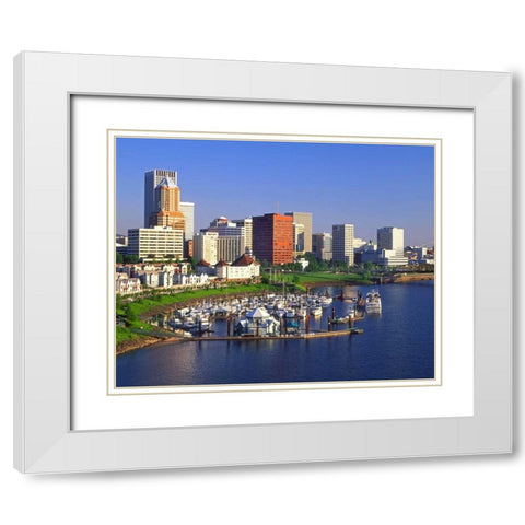 OR, Portland Downtown skyline and Marina White Modern Wood Framed Art Print with Double Matting by Terrill, Steve